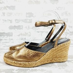 Marina Luna Gold Leather Slip On Buckle Ankle Strap Wedge Heels O159